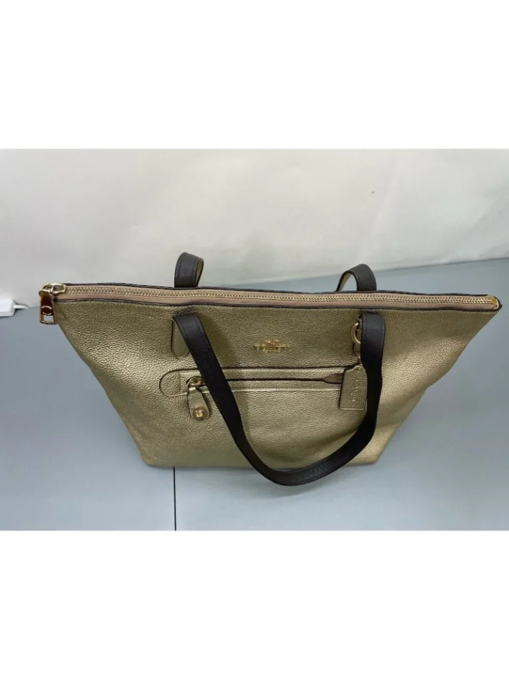 Coach Taylor Tote Shoulder Bag Zip Top Metallic Pebbled Leather Gold